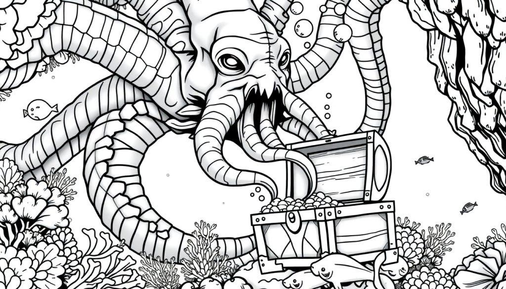 Kleurplaat van een gigantisch zeewezen, een mix tussen een octopus en monster, dat een schatkist met munten vasthoudt in een magische onderwaterwereld.