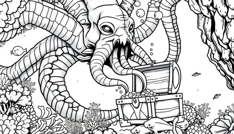 Kleurplaat van een gigantisch zeewezen, een mix tussen een octopus en monster, dat een schatkist met munten vasthoudt in een magische onderwaterwereld.