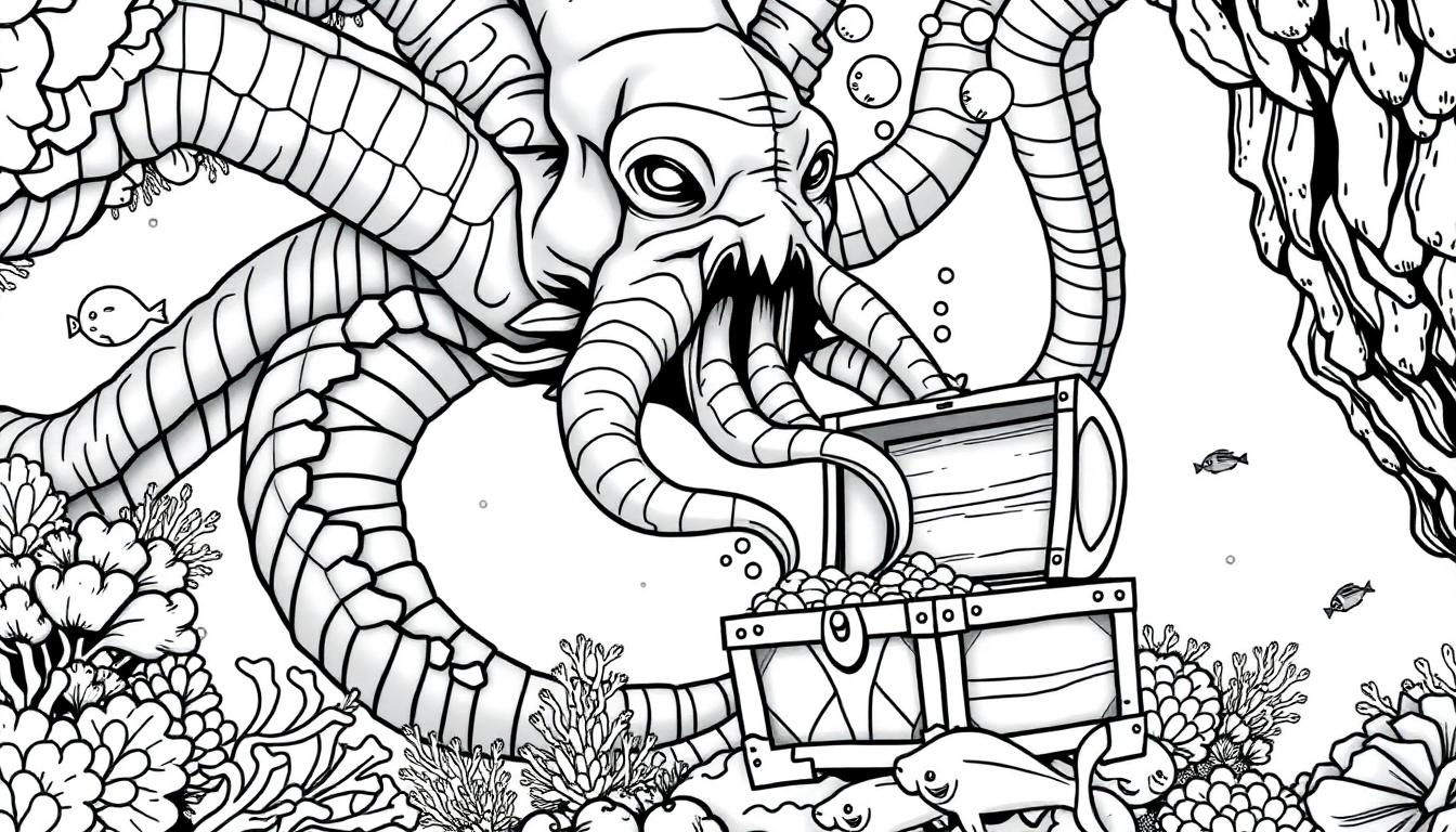 Kleurplaat van een gigantisch zeewezen, een mix tussen een octopus en monster, dat een schatkist met munten vasthoudt in een magische onderwaterwereld.