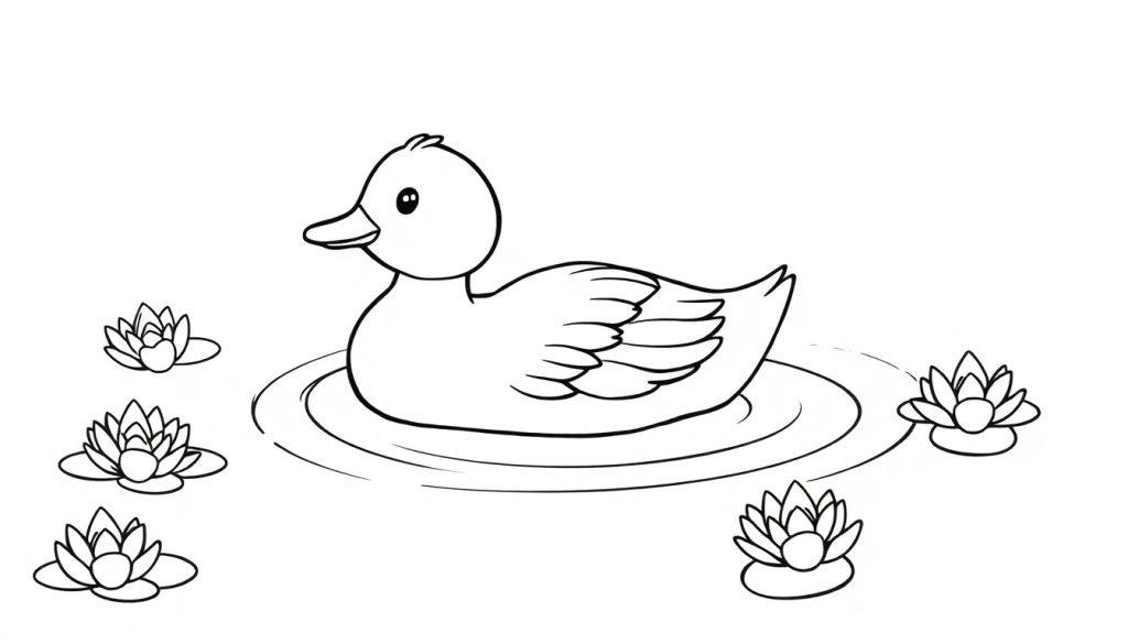 Kleurplaat van een eend die rustig in het water drijft, omringd door waterlelies.