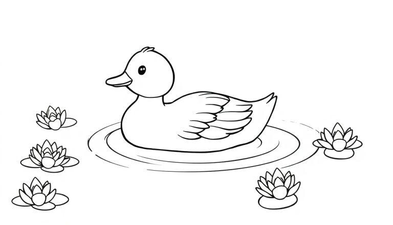 Kleurplaat van een eend die rustig in het water drijft, omringd door waterlelies.