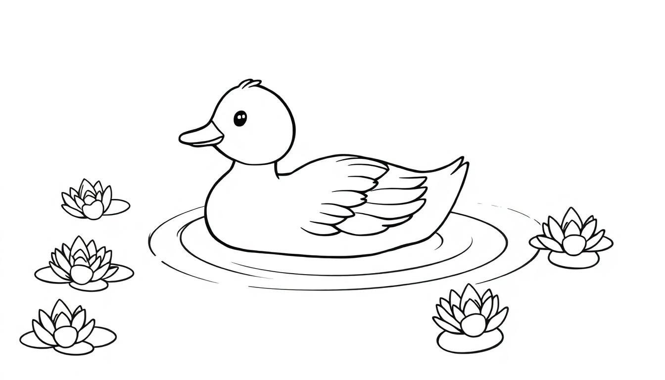 Kleurplaat van een eend die rustig in het water drijft, omringd door waterlelies.