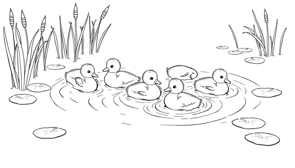 Kleurplaat van zes eendjes die in een vijver zwemmen tussen waterlelies en rietstengels.