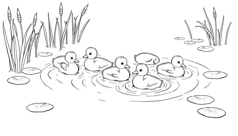 Kleurplaat van zes eendjes die in een vijver zwemmen tussen waterlelies en rietstengels.