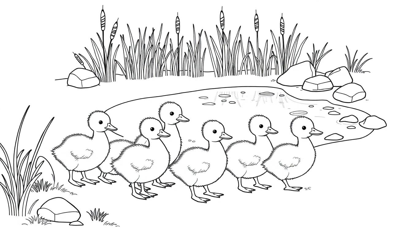 Zwart-wit kleurplaat van zes schattige eendjes op de oever bij een vijver met riet.