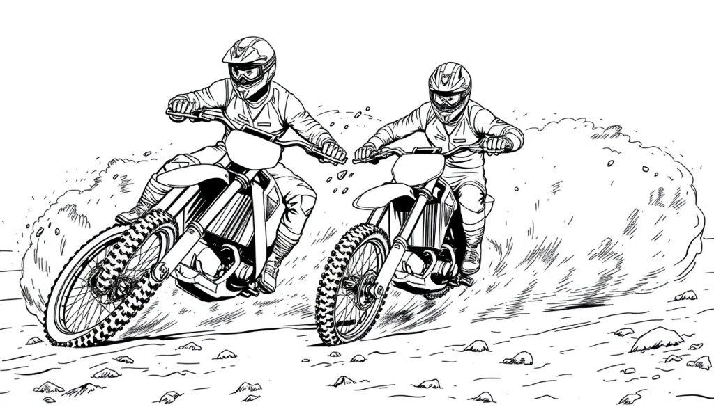 Zwart-witte kleurplaat van twee motorcrossers op een stoffig pad.