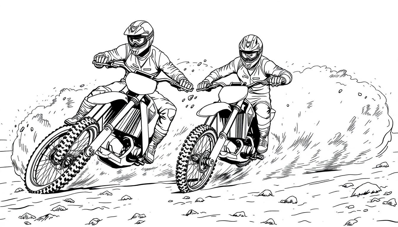Zwart-witte kleurplaat van twee motorcrossers op een stoffig pad.