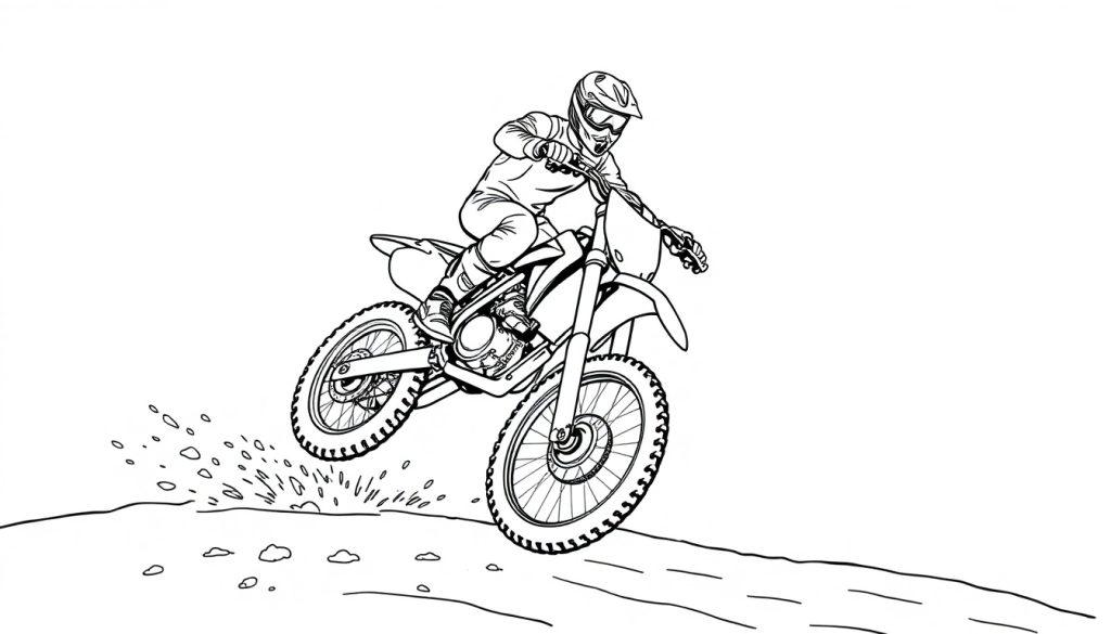 Zwart-wit kleurplaat van een motorcrosser die door de lucht springt met zand dat van de grond spat.