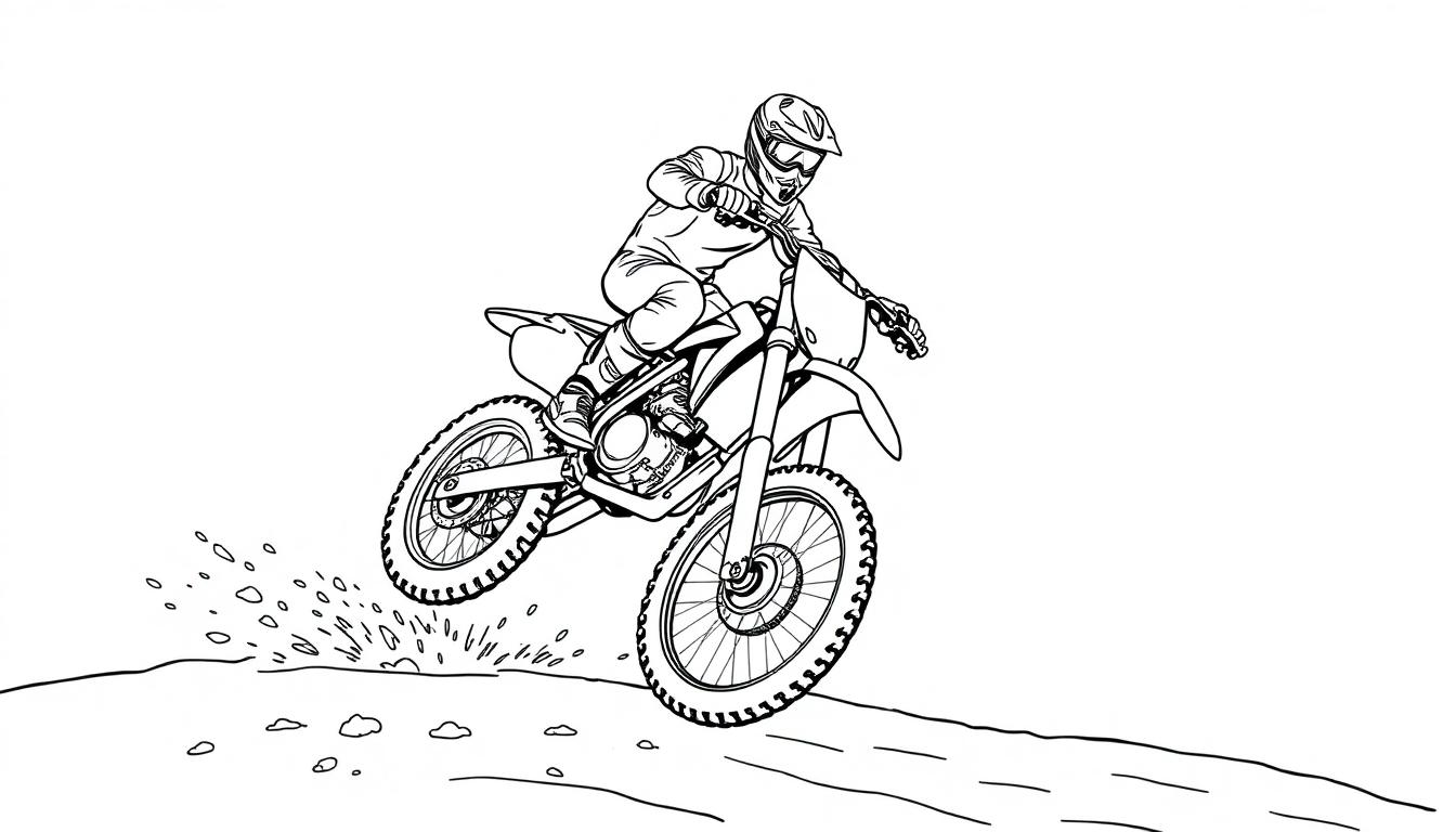Zwart-wit kleurplaat van een motorcrosser die door de lucht springt met zand dat van de grond spat.