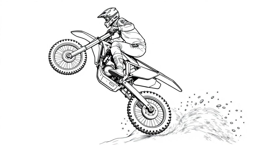 Kleurplaat van een motorcrosser die op een crossmotor rijdt met modder die opspat.