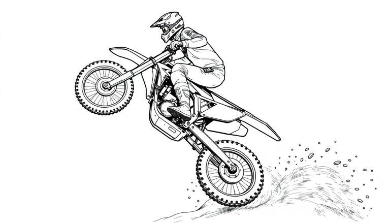 Kleurplaat van een motorcrosser die op een crossmotor rijdt met modder die opspat.