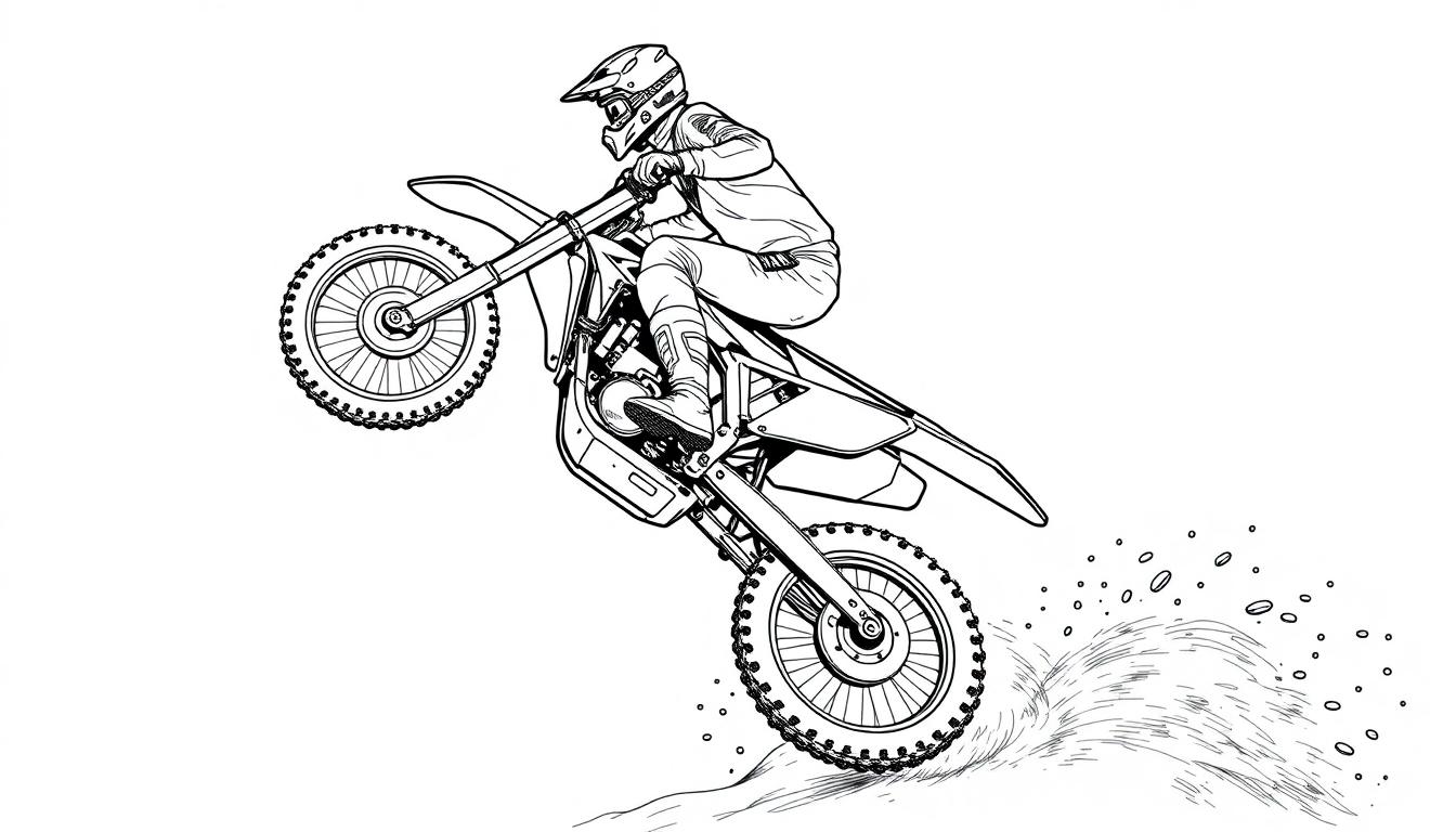 Kleurplaat van een motorcrosser die op een crossmotor rijdt met modder die opspat.