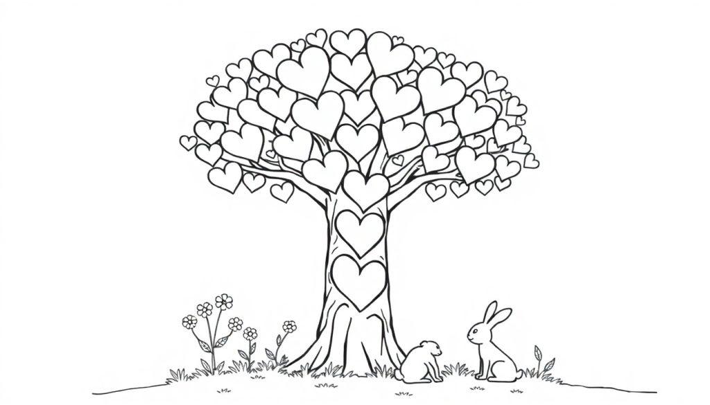 Zwart-wit kleurplaat van een boom met hartvormige bladeren, een konijn en een ander klein dier, met gras en bloemen.