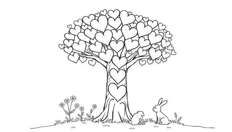 Zwart-wit kleurplaat van een boom met hartvormige bladeren, een konijn en een ander klein dier, met gras en bloemen.