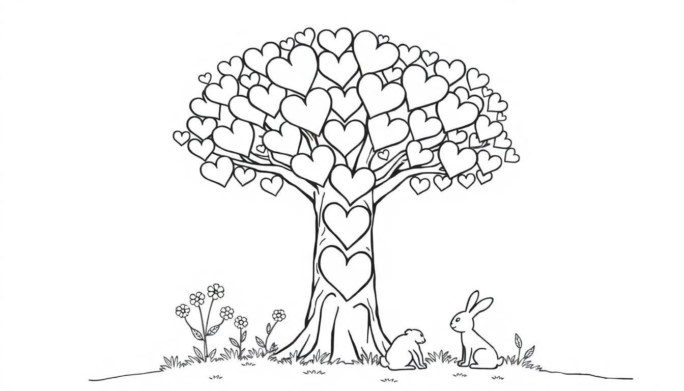 Zwart-wit kleurplaat van een boom met hartvormige bladeren, een konijn en een ander klein dier, met gras en bloemen.