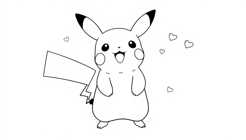 Een schattige kleurplaat van Pikachu als een knuffel, staand met blije uitdrukking en kleine hartjes om zich heen.