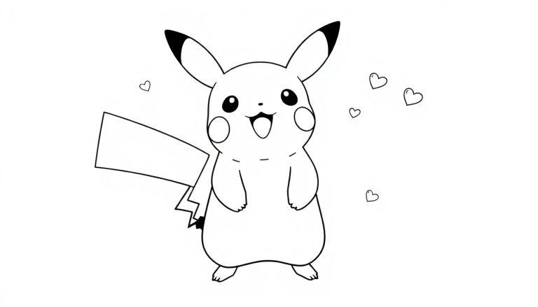 Een schattige kleurplaat van Pikachu als een knuffel, staand met blije uitdrukking en kleine hartjes om zich heen.