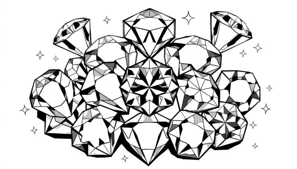 Zwart-witte kleurplaat van glinsterende diamanten met sterretjes eromheen.