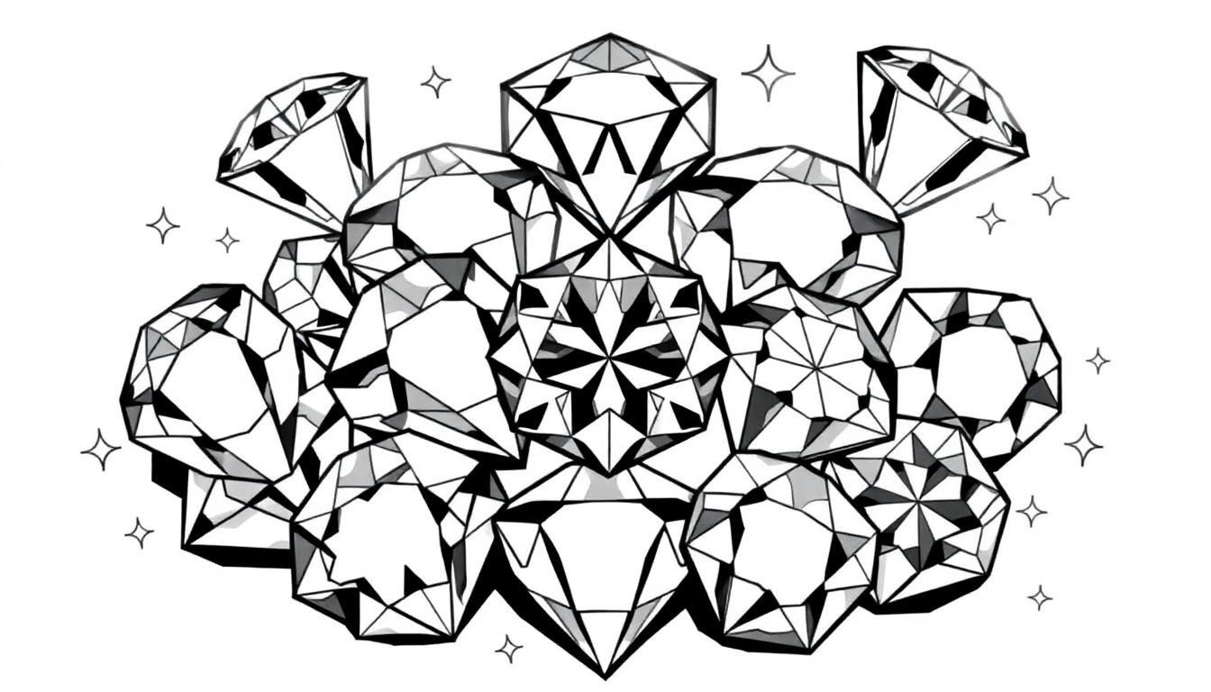 Zwart-witte kleurplaat van glinsterende diamanten met sterretjes eromheen.