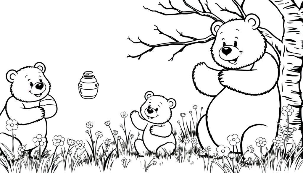 Zwart-wit kleurplaat van drie blije beren – één grotere beer met twee kleintjes – die in een bloemenweide zitten en naar een zwevende honingpot kijken.