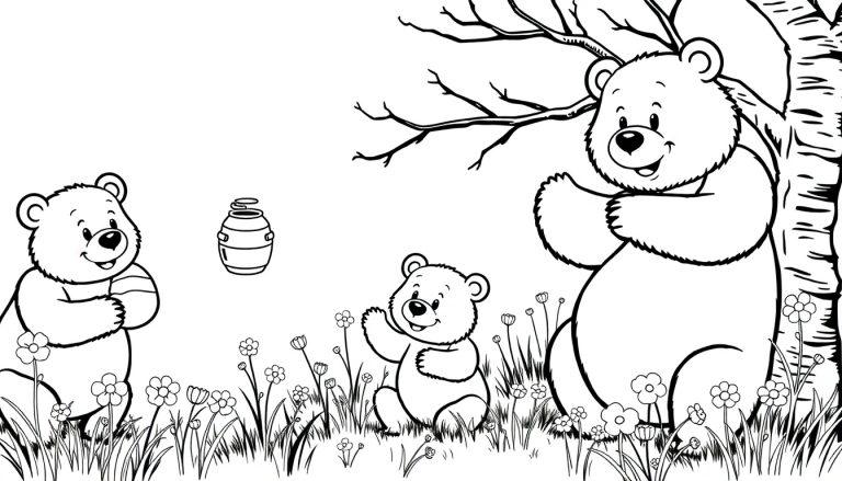 Zwart-wit kleurplaat van drie blije beren – één grotere beer met twee kleintjes – die in een bloemenweide zitten en naar een zwevende honingpot kijken.
