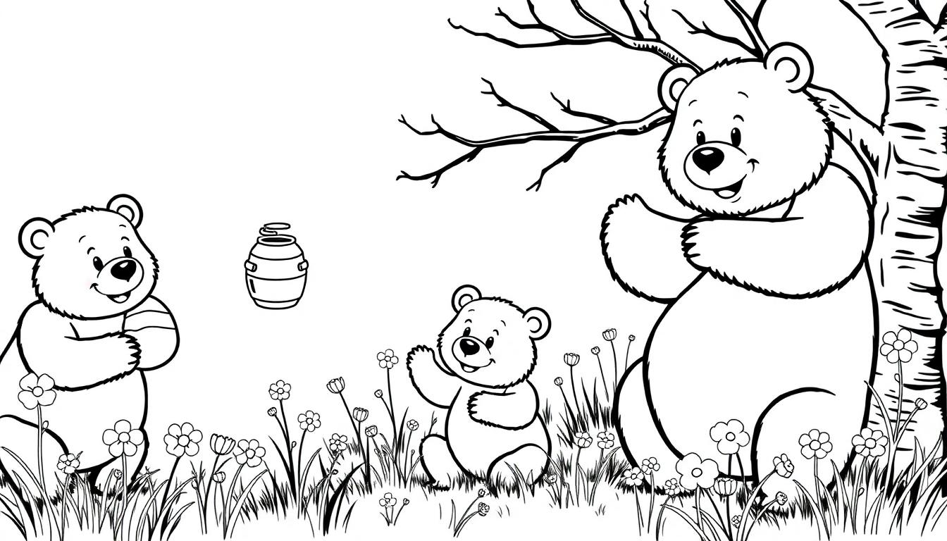 Zwart-wit kleurplaat van drie blije beren – één grotere beer met twee kleintjes – die in een bloemenweide zitten en naar een zwevende honingpot kijken.