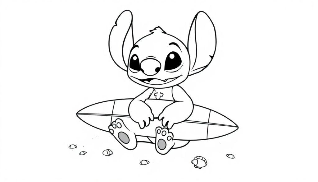 Een kleurplaat van Stitch, het schattige figuurtje met grote oren en ogen, surfplank op schoot en een glimlach, zittend tussen schelpjes op een strand.