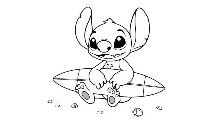 Een kleurplaat van Stitch, het schattige figuurtje met grote oren en ogen, surfplank op schoot en een glimlach, zittend tussen schelpjes op een strand.
