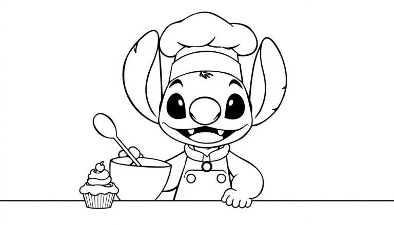 Kleurplaat van een vrolijk cartoonfiguurtje in koksoutfit met een kom en lepel, naast een cupcake op een tafel.