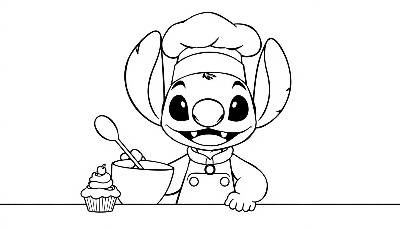 Kleurplaat van een vrolijk cartoonfiguurtje in koksoutfit met een kom en lepel, naast een cupcake op een tafel.