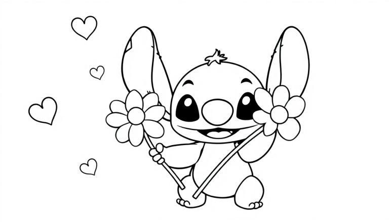 Kleurplaat van een schattige cartoonfiguur met grote oren die blij kijkt, bloemen vasthoudt en omgeven is door hartjes.