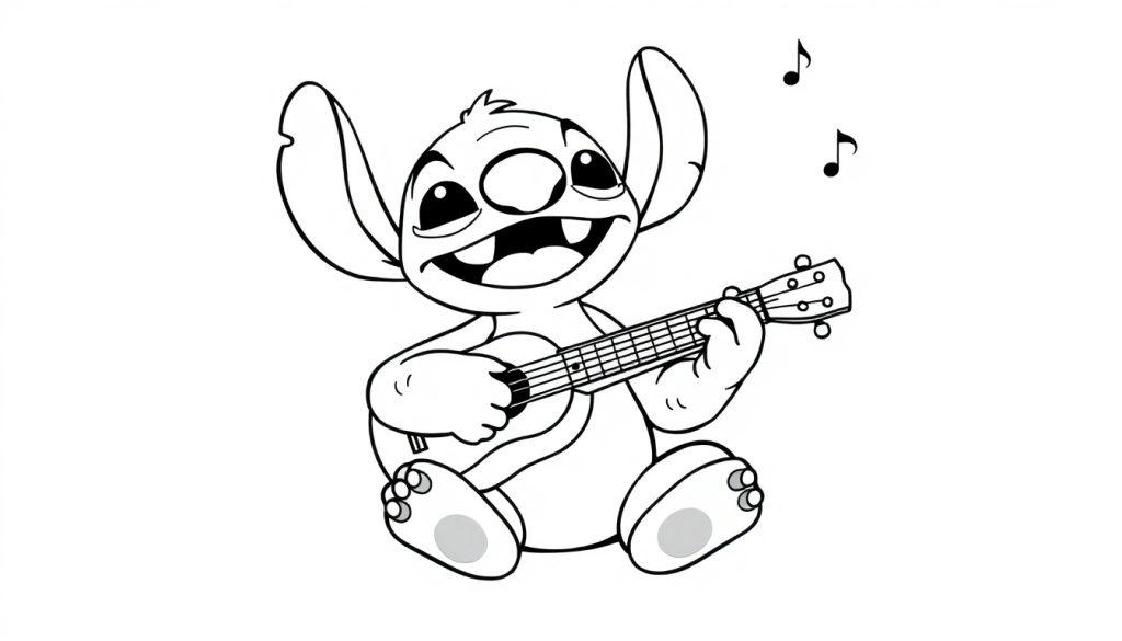Kleurplaat van een vrolijke Stitch die ukelele speelt.