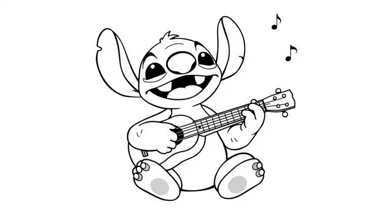 Kleurplaat van een vrolijke Stitch die ukelele speelt.
