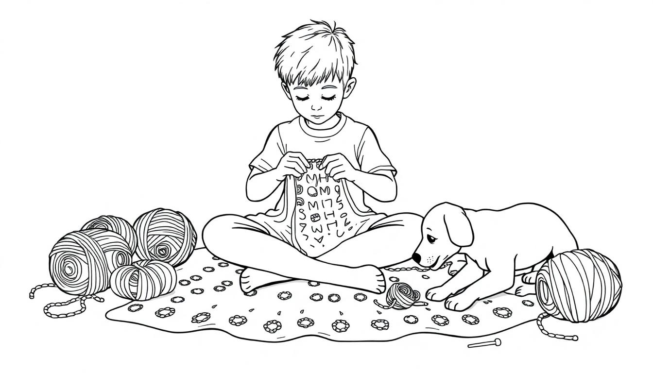 Kleurplaat van een jongen die rustig zit te haken met bollen wol en een hond naast hem.
