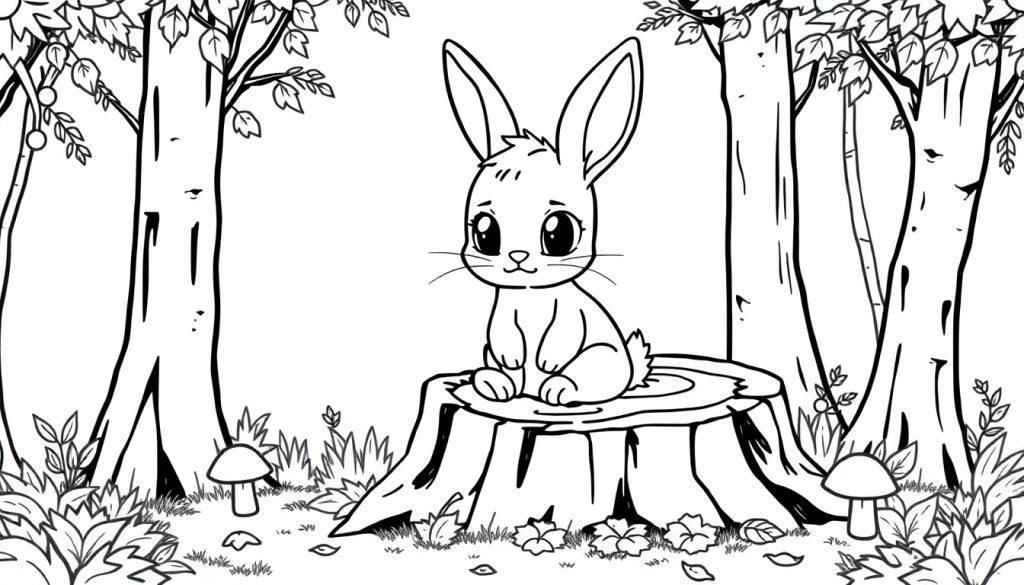 Kleurplaat van een schattig baby konijntje op een boomstronk in het bos, omgeven door bomen, struiken en paddenstoelen.