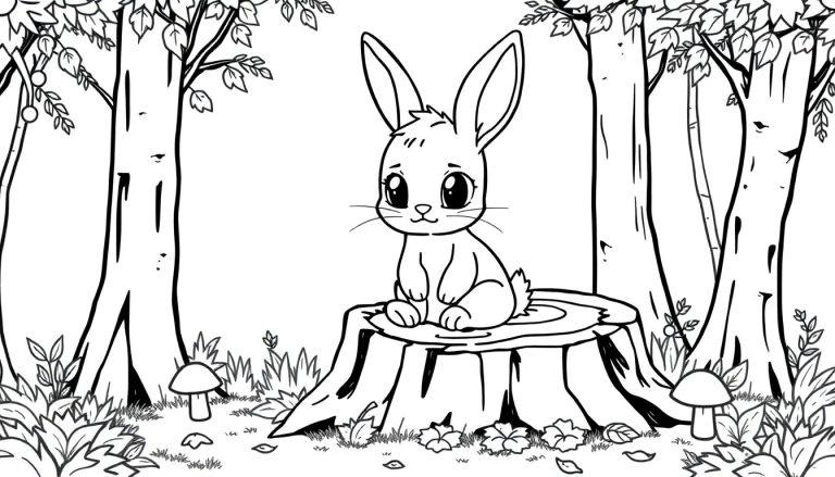 Kleurplaat van een schattig baby konijntje op een boomstronk in het bos, omgeven door bomen, struiken en paddenstoelen.