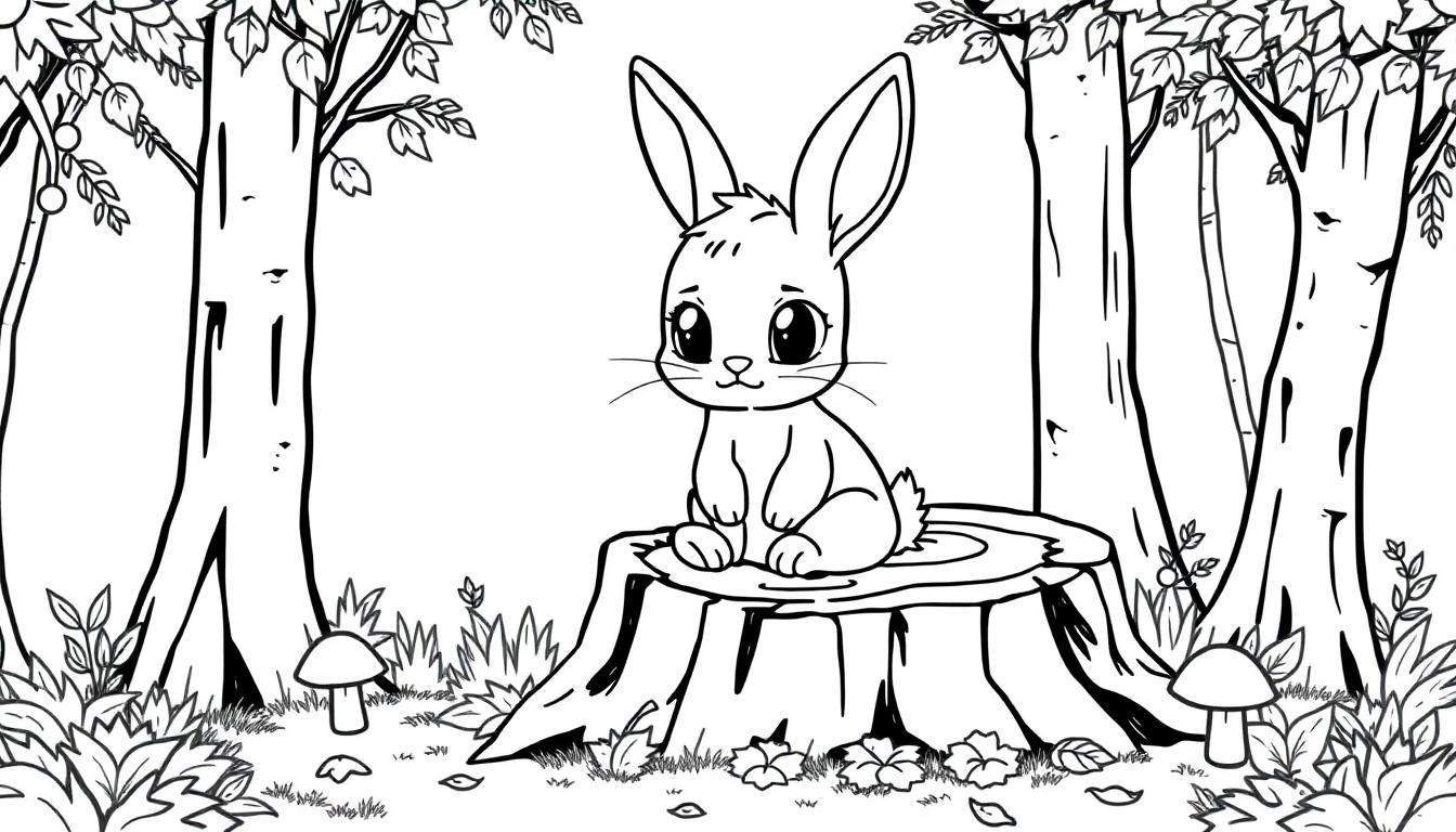 Kleurplaat van een schattig baby konijntje op een boomstronk in het bos, omgeven door bomen, struiken en paddenstoelen.