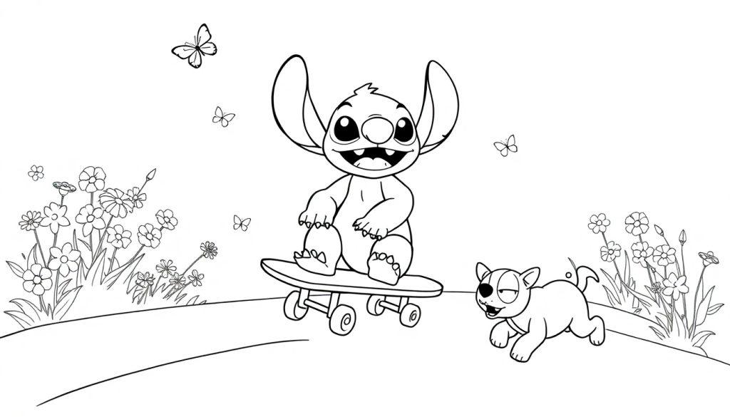Cartoon kleurplaat met een lachend wezen op een skateboard en een rennende hond tussen bloemen en vlinders.