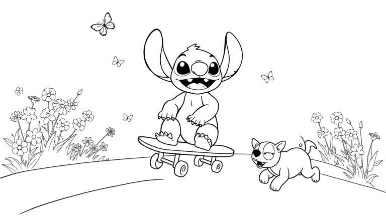 Cartoon kleurplaat met een lachend wezen op een skateboard en een rennende hond tussen bloemen en vlinders.