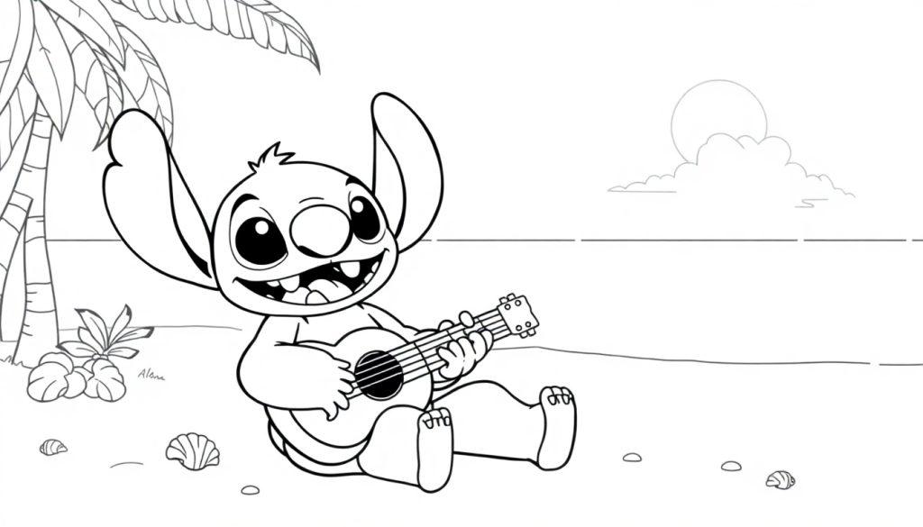 Een vrolijke kleurplaat van een schattig wezen met grote oren en een ukelele op een tropisch strand.
