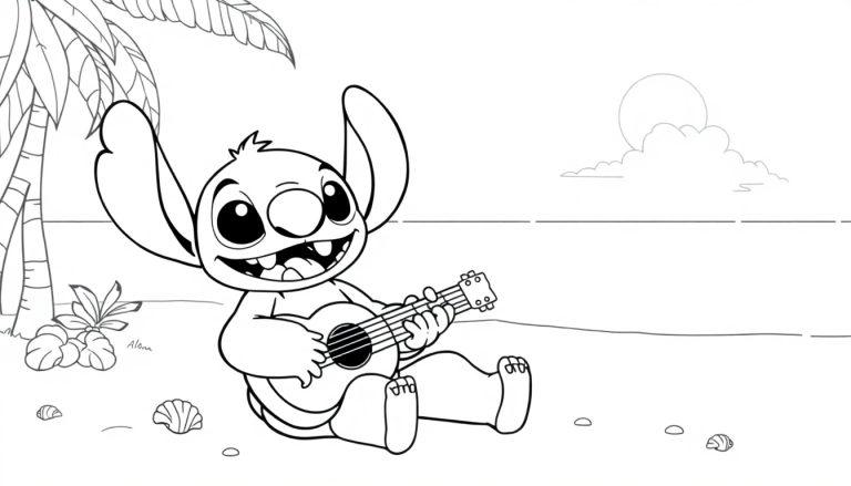 Een vrolijke kleurplaat van een schattig wezen met grote oren en een ukelele op een tropisch strand.