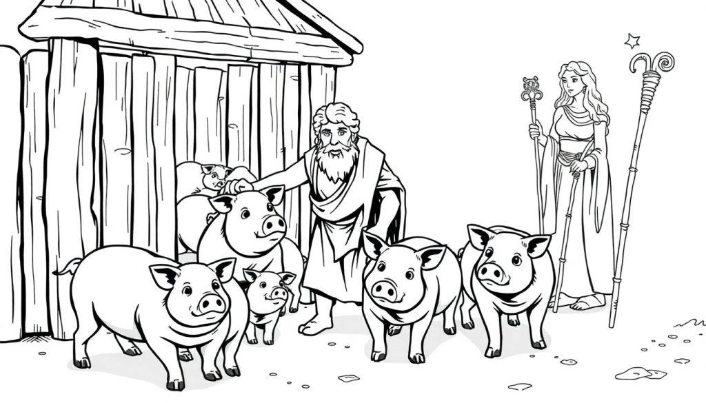 Kleurplaat van de Griekse mythe van Kirke, waar Odysseus een varken aait terwijl Kirke toekijkt met haar magische staf.