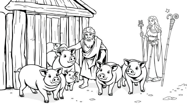 Kleurplaat van de Griekse mythe van Kirke, waar Odysseus een varken aait terwijl Kirke toekijkt met haar magische staf.