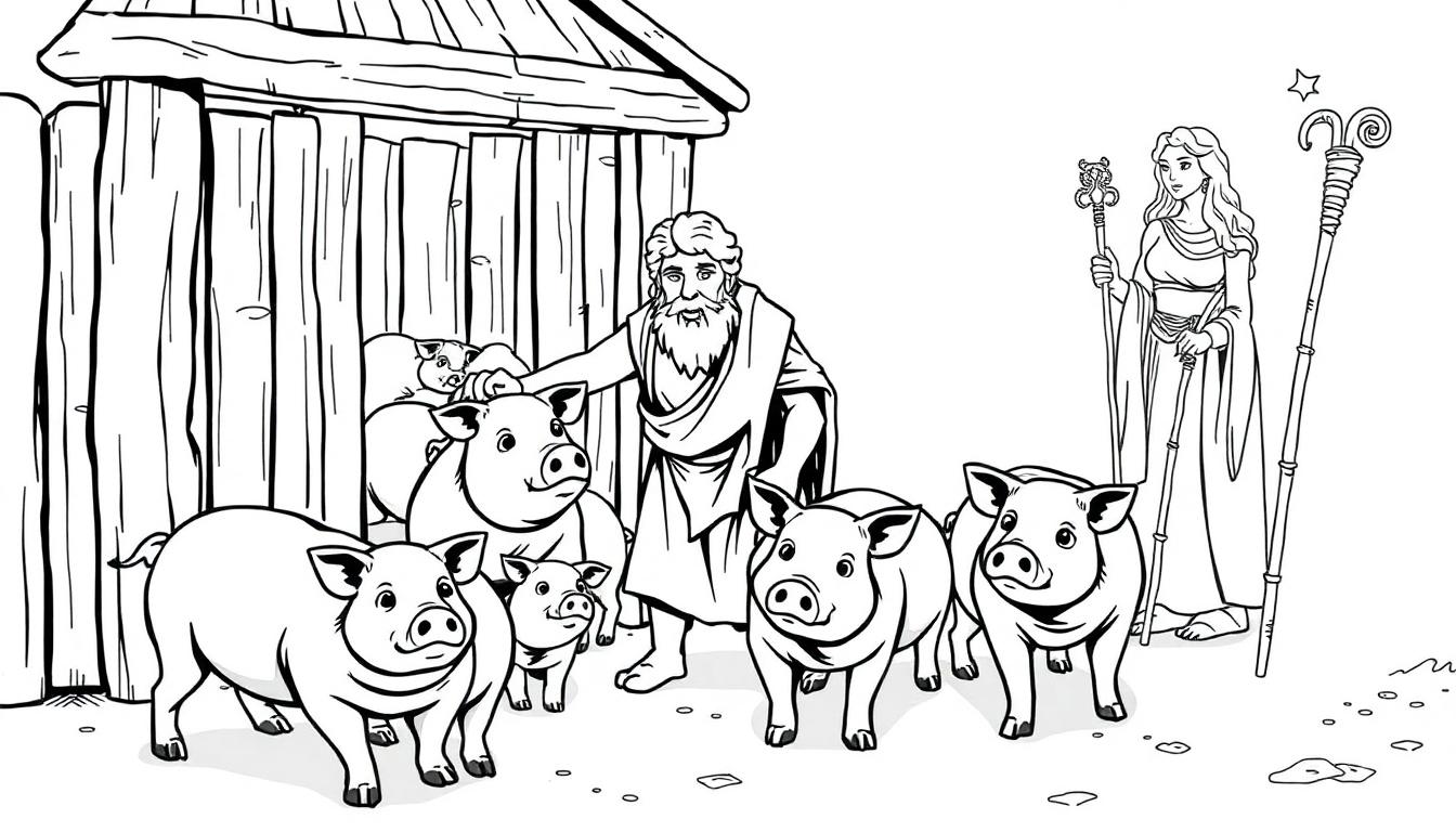 Kleurplaat van de Griekse mythe van Kirke, waar Odysseus een varken aait terwijl Kirke toekijkt met haar magische staf.
