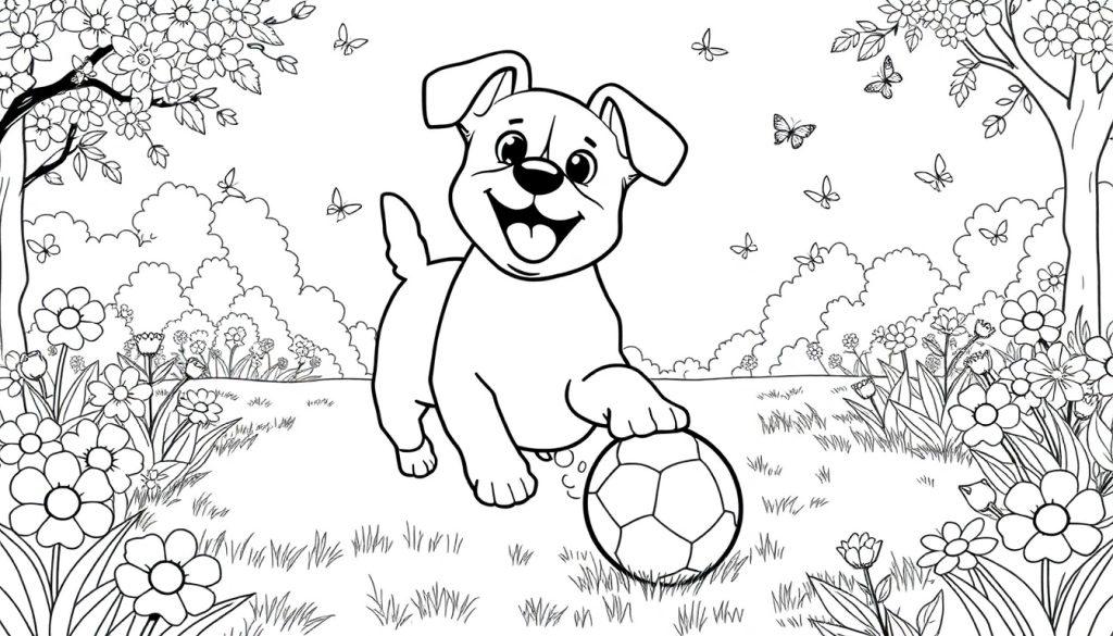 Een schattige kleurplaat van een vrolijk hondje dat met een voetbal speelt in een bloemenrijke omgeving met vlinders en bomen.