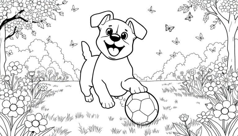 Een schattige kleurplaat van een vrolijk hondje dat met een voetbal speelt in een bloemenrijke omgeving met vlinders en bomen.