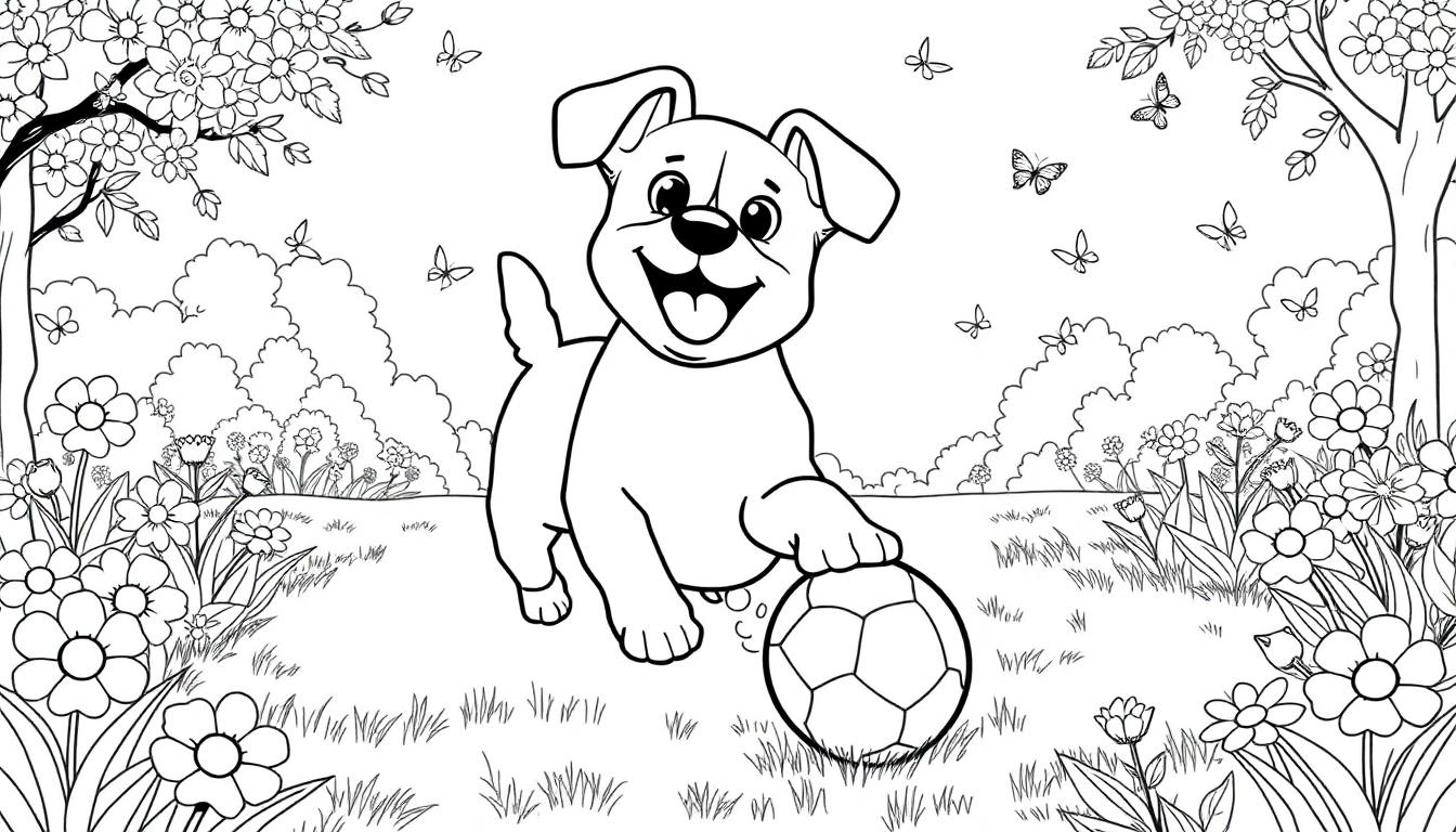Een schattige kleurplaat van een vrolijk hondje dat met een voetbal speelt in een bloemenrijke omgeving met vlinders en bomen.
