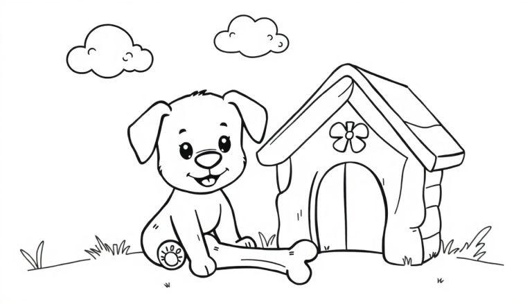 Zwart-witte kleurplaat van een vrolijk hondje met een bot naast een hondenhok, met bloemenversiering en wolken op de achtergrond.