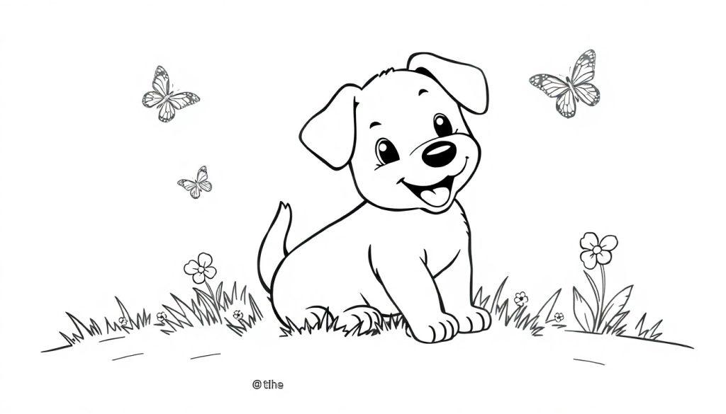 Kleurplaat van een vrolijke puppy die op gras zit, omringd door vlinders en bloemen.