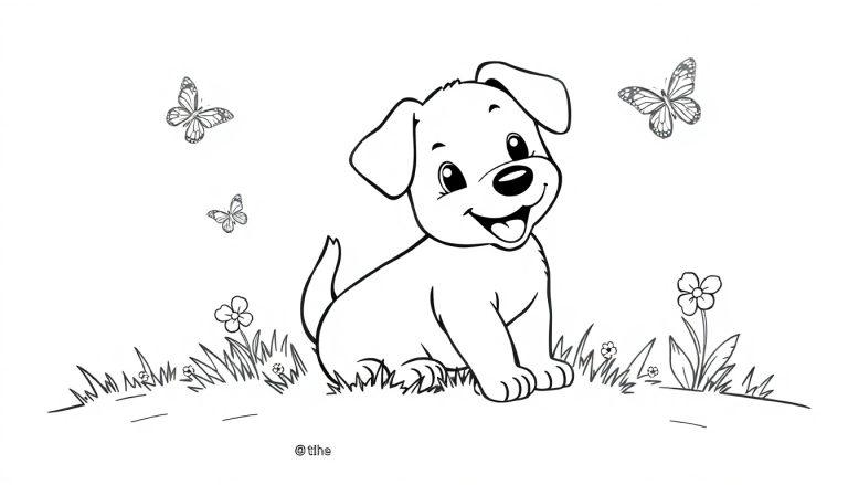 Kleurplaat van een vrolijke puppy die op gras zit, omringd door vlinders en bloemen.